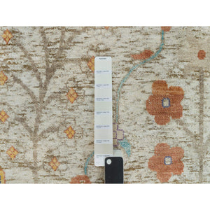 12'x12' Linen Beige, Textured Wool and Silk, Directional Vase Design, Hand Knotted, Oriental Round Rug FWR541530