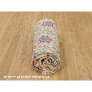 12'x12' Linen Beige, Textured Wool and Silk, Directional Vase Design, Hand Knotted, Oriental Round Rug FWR541530