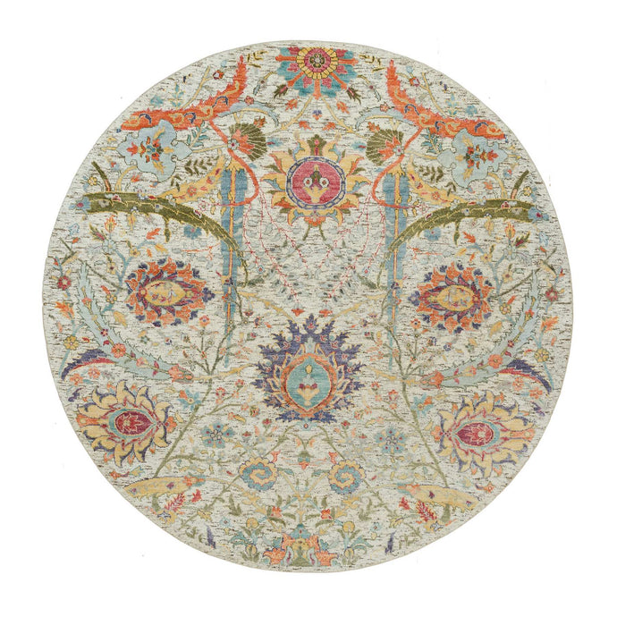 6'x6' Canvas Tan, Silk with Textured Wool, Sickle Hand Knotted Leaf Design, Oriental Round Rug FWR541536