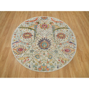 6'x6' Canvas Tan, Silk with Textured Wool, Sickle Hand Knotted Leaf Design, Oriental Round Rug FWR541536