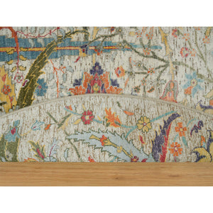 6'x6' Canvas Tan, Silk with Textured Wool, Sickle Hand Knotted Leaf Design, Oriental Round Rug FWR541536