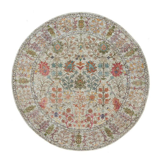 6'x6' Parchment Beige, Directional Hand Knotted Vase Design, Silk With Textured Wool, Round Oriental Rug FWR541542