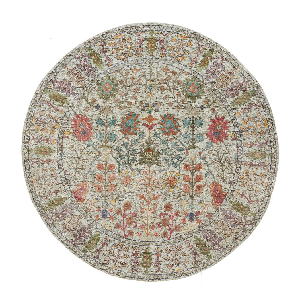 6'x6' Parchment Beige, Directional Hand Knotted Vase Design, Silk With Textured Wool, Round Oriental Rug FWR541542