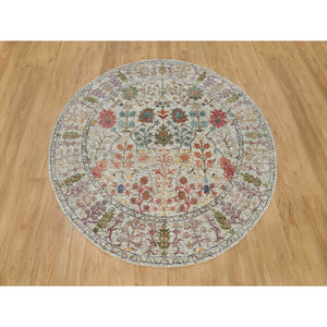 6'x6' Parchment Beige, Directional Hand Knotted Vase Design, Silk With Textured Wool, Round Oriental Rug FWR541542