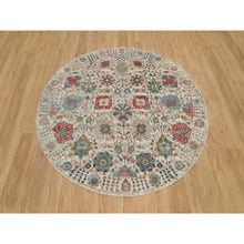 Load image into Gallery viewer, 6&#39;x6&#39; Porcelain White, Silk With Textured Wool, Hand Knotted, Tabriz Vase With Flower Design, Oriental Round Rug FWR541548