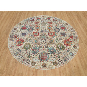 8'x8' Old Lace White, Hand Knotted Silk And Textured Wool, Flower Vase Design Tabriz Oriental Round Rug FWR541566