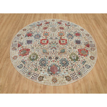 Load image into Gallery viewer, 8&#39;x8&#39; Old Lace White, Hand Knotted Silk And Textured Wool, Flower Vase Design Tabriz Oriental Round Rug FWR541566
