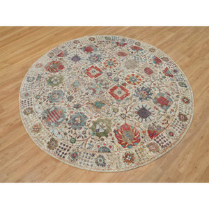 8'x8' Old Lace White, Hand Knotted Silk And Textured Wool, Flower Vase Design Tabriz Oriental Round Rug FWR541566