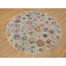 Load image into Gallery viewer, 8&#39;x8&#39; Old Lace White, Hand Knotted Silk And Textured Wool, Flower Vase Design Tabriz Oriental Round Rug FWR541566