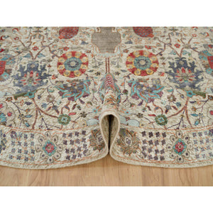8'x8' Old Lace White, Hand Knotted Silk And Textured Wool, Flower Vase Design Tabriz Oriental Round Rug FWR541566