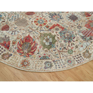 8'x8' Old Lace White, Hand Knotted Silk And Textured Wool, Flower Vase Design Tabriz Oriental Round Rug FWR541566
