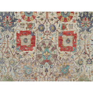 8'x8' Old Lace White, Hand Knotted Silk And Textured Wool, Flower Vase Design Tabriz Oriental Round Rug FWR541566