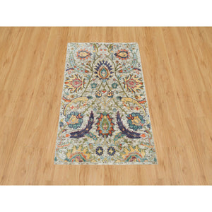 2'x3'1" Natural Tan, Sickle Leaf Hand Knotted Textured Wool and Silk, Oriental Mat Rug FWR541578