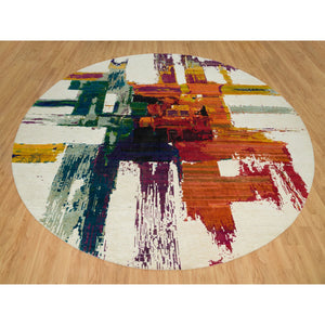 14'x14' Seedpearl Ivory, Wool And Sari Silk Hand Knotted Modern Abstract Motifs With Painter's Brush Strokes, Oriental Round Rug FWR541590