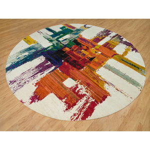 14'x14' Seedpearl Ivory, Wool And Sari Silk Hand Knotted Modern Abstract Motifs With Painter's Brush Strokes, Oriental Round Rug FWR541590