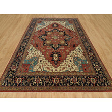 Load image into Gallery viewer, 10&#39;x14&#39; Bruschetta Red With Chiffon Ivory Corners, Pure Wool Hand Knotted Antiqued Fine Heriz Re-creation, Vegetable Dyes, Densely Woven, Oriental Rug FWR541608
