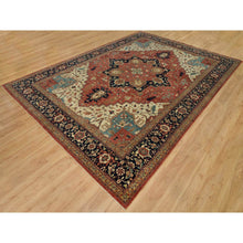 Load image into Gallery viewer, 10&#39;x14&#39; Bruschetta Red With Chiffon Ivory Corners, Pure Wool Hand Knotted Antiqued Fine Heriz Re-creation, Vegetable Dyes, Densely Woven, Oriental Rug FWR541608