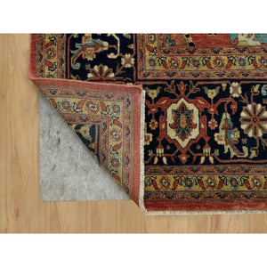 10'x14' Bruschetta Red With Chiffon Ivory Corners, Pure Wool Hand Knotted Antiqued Fine Heriz Re-creation, Vegetable Dyes, Densely Woven, Oriental Rug FWR541608