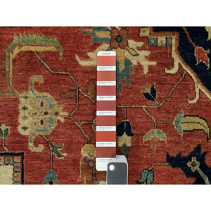 10'x14' Bruschetta Red With Chiffon Ivory Corners, Pure Wool Hand Knotted Antiqued Fine Heriz Re-creation, Vegetable Dyes, Densely Woven, Oriental Rug FWR541608