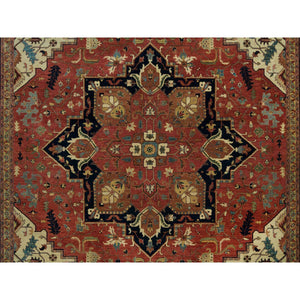 10'x14' Bruschetta Red With Chiffon Ivory Corners, Pure Wool Hand Knotted Antiqued Fine Heriz Re-creation, Vegetable Dyes, Densely Woven, Oriental Rug FWR541608