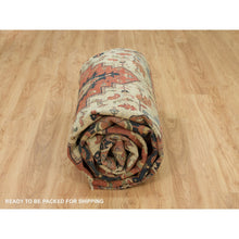 Load image into Gallery viewer, 10&#39;x14&#39; Bruschetta Red With Chiffon Ivory Corners, Pure Wool Hand Knotted Antiqued Fine Heriz Re-creation, Vegetable Dyes, Densely Woven, Oriental Rug FWR541608