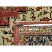 Load image into Gallery viewer, 10&#39;x14&#39; Bruschetta Red With Chiffon Ivory Corners, Pure Wool Hand Knotted Antiqued Fine Heriz Re-creation, Vegetable Dyes, Densely Woven, Oriental Rug FWR541608