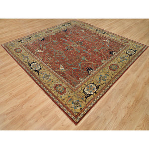 10'x10' Henna Red And Vegas Gold, Hand Knotted With Organic Wool Antiqued Heriz Re-creation All Over Flowers Design, Square Oriental Densely Woven Rug FWR541614