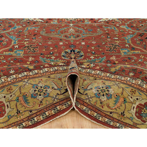 10'x10' Henna Red And Vegas Gold, Hand Knotted With Organic Wool Antiqued Heriz Re-creation All Over Flowers Design, Square Oriental Densely Woven Rug FWR541614