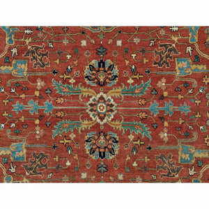 10'x10' Henna Red And Vegas Gold, Hand Knotted With Organic Wool Antiqued Heriz Re-creation All Over Flowers Design, Square Oriental Densely Woven Rug FWR541614