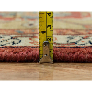 10'x10' Henna Red And Vegas Gold, Hand Knotted With Organic Wool Antiqued Heriz Re-creation All Over Flowers Design, Square Oriental Densely Woven Rug FWR541614