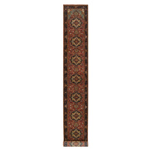Load image into Gallery viewer, 2&#39;8&quot;x22&#39; Carmine Red and Dallas Cowboys Blue, Vegetable Dyes, Antiqued Heriz Re-Creation with Geometric Medallions, Extra Soft Wool, Soft and Lush Pile, XL Runner Oriental Hand Knotted Rug FWR541620