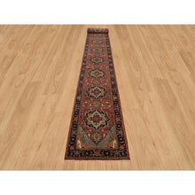 Load image into Gallery viewer, 2&#39;8&quot;x22&#39; Carmine Red And Dallas Cowboys Blue, Vegetable Dyes, Antiqued Heriz Re-creation With Geometric Medallions, Extra Soft Wool, Soft And Lush Pile, Xl Runner Oriental Hand Knotted Rug FWR541620