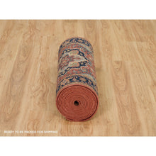 Load image into Gallery viewer, 2&#39;8&quot;x22&#39; Carmine Red And Dallas Cowboys Blue, Vegetable Dyes, Antiqued Heriz Re-creation With Geometric Medallions, Extra Soft Wool, Soft And Lush Pile, Xl Runner Oriental Hand Knotted Rug FWR541620