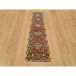 2'7"x12'4" Upsdell Red with Kobicha Brown, Soft Pile, Natural Dyes, Antique All Wool Tabriz Haji Jalili Rug, Hand Knotted, Fine Weave, Runner Oriental Rug FWR541692