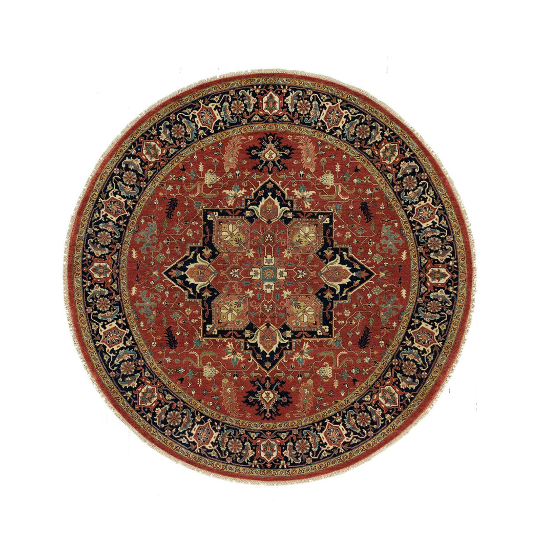 8'x8' Burnt Brick Red, Vegetable Dyes Antiqued Fine Heriz Re-Creation 100% Wool Hand Knotted, Round Oriental Densely Woven Rug FWR541710