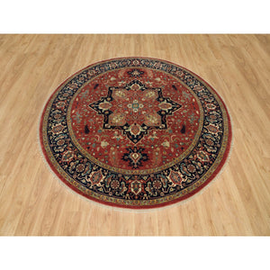 8'x8' Burnt Brick Red, Vegetable Dyes Antiqued Fine Heriz Re-Creation 100% Wool Hand Knotted, Round Oriental Densely Woven Rug FWR541710