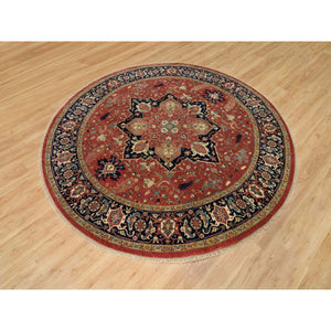 8'x8' Burnt Brick Red, Vegetable Dyes Antiqued Fine Heriz Re-Creation 100% Wool Hand Knotted, Round Oriental Densely Woven Rug FWR541710