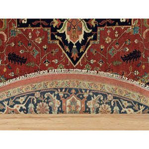 8'x8' Burnt Brick Red, Vegetable Dyes Antiqued Fine Heriz Re-Creation 100% Wool Hand Knotted, Round Oriental Densely Woven Rug FWR541710