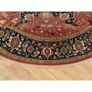 8'x8' Burnt Brick Red, Vegetable Dyes Antiqued Fine Heriz Re-Creation 100% Wool Hand Knotted, Round Oriental Densely Woven Rug FWR541710