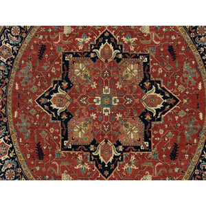 8'x8' Burnt Brick Red, Vegetable Dyes Antiqued Fine Heriz Re-Creation 100% Wool Hand Knotted, Round Oriental Densely Woven Rug FWR541710