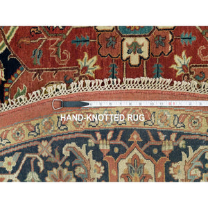 8'x8' Burnt Brick Red, Vegetable Dyes Antiqued Fine Heriz Re-Creation 100% Wool Hand Knotted, Round Oriental Densely Woven Rug FWR541710