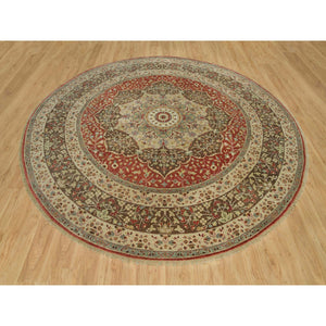 10'x10' Rufous Red, Hand Knotted Tabriz Antique And Haji Jalili Design, Organic Wool, Plush Pile, Vegetable Dyes, Round Oriental Fine Weave Rug FWR541722