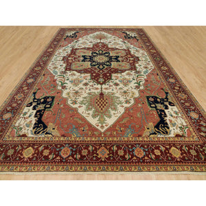 11'9"x18'2" Seedpearl White, Antiqued Fine Heriz, Re-creation Hand Knotted 100% Wool Large Medallion Design, Natural Dyes Densely Woven, Oversized Oriental Rug FWR541746