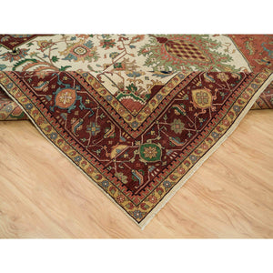 11'9"x18'2" Seedpearl White, Antiqued Fine Heriz, Re-creation Hand Knotted 100% Wool Large Medallion Design, Natural Dyes Densely Woven, Oversized Oriental Rug FWR541746