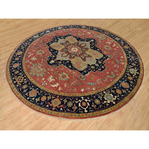14'x14' Sangria Red With Stratos Blue Border, Antiqued Extra Soft Wool Heriz With Fine Re-creation, Hand Knotted Oriental Soft Pile Dense Weave Round Rug FWR541782