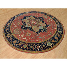 Load image into Gallery viewer, 14&#39;x14&#39; Sangria Red With Stratos Blue Border, Antiqued Extra Soft Wool Heriz With Fine Re-creation, Hand Knotted Oriental Soft Pile Dense Weave Round Rug FWR541782