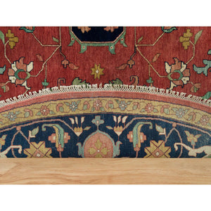 14'x14' Sangria Red With Stratos Blue Border, Antiqued Extra Soft Wool Heriz With Fine Re-creation, Hand Knotted Oriental Soft Pile Dense Weave Round Rug FWR541782