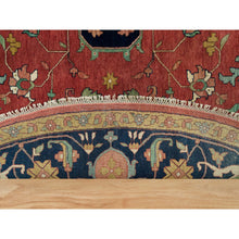 Load image into Gallery viewer, 14&#39;x14&#39; Sangria Red With Stratos Blue Border, Antiqued Extra Soft Wool Heriz With Fine Re-creation, Hand Knotted Oriental Soft Pile Dense Weave Round Rug FWR541782