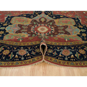 14'x14' Sangria Red With Stratos Blue Border, Antiqued Extra Soft Wool Heriz With Fine Re-creation, Hand Knotted Oriental Soft Pile Dense Weave Round Rug FWR541782