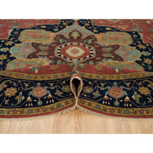 Load image into Gallery viewer, 14&#39;x14&#39; Sangria Red With Stratos Blue Border, Antiqued Extra Soft Wool Heriz With Fine Re-creation, Hand Knotted Oriental Soft Pile Dense Weave Round Rug FWR541782